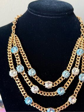 Gold Multi-Row Necklace with Light Blue Crystal Accents